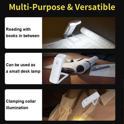 Portable USB Rechargeable Clip-On Book Light – 3 Color Modes, Adjustable Brightness, Eye-Care LED Reading Lamp