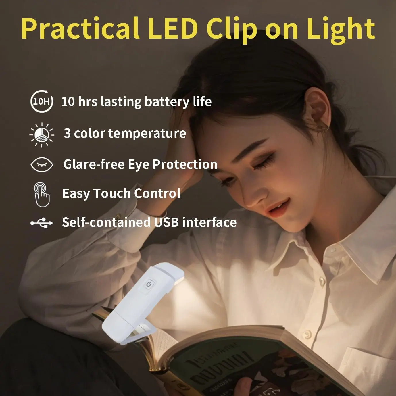 Portable USB Rechargeable Clip-On Book Light – 3 Color Modes, Adjustable Brightness, Eye-Care LED Reading Lamp