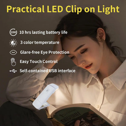 Portable USB Rechargeable Clip-On Book Light – 3 Color Modes, Adjustable Brightness, Eye-Care LED Reading Lamp